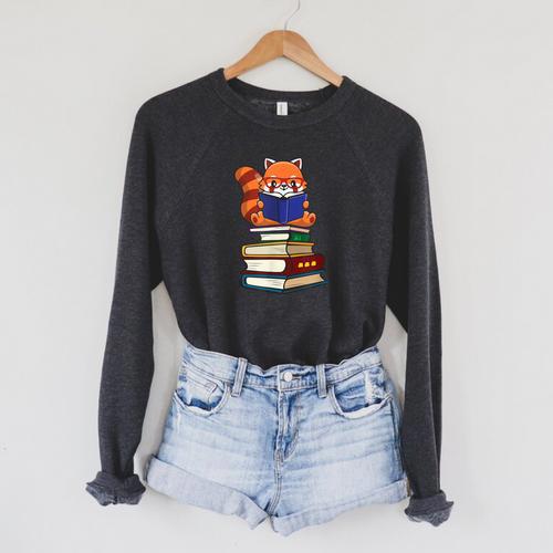 Cute Kawaii Kids Reading Books Glasses Red Panda Lover Raglan Sleeve Sweatshirt - Bookorys AU