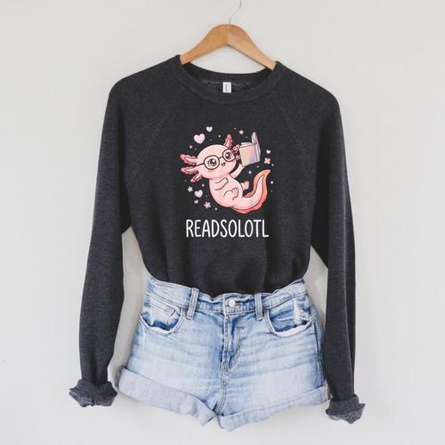 Cute Kawaii Readsolotl Axolotl Reading Book Pun Raglan Sleeve Sweatshirt - Bookorys DE