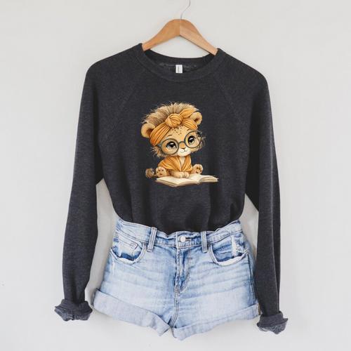 Cute Lion Cub Reading Book With Headwrap Raglan Sleeve Sweatshirt - Bookorys DE