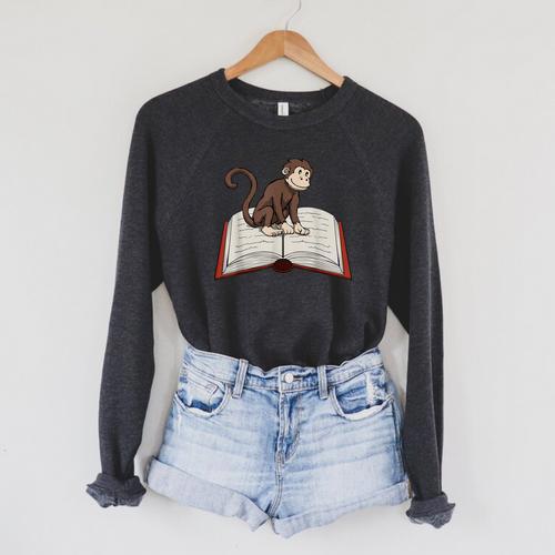 Cute Monkey Reading Books Literature Nature Raglan Sleeve Sweatshirt - Bookorys UK