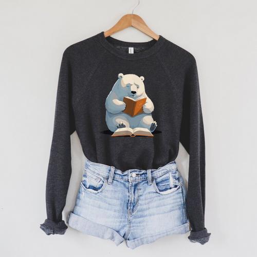 Cute Polar Bear Is Reading a Book Reading Polar Bear Raglan Sleeve Sweatshirt - Bookorys