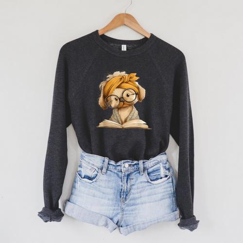 Cute Puppy Reading Dog Book Lover Animal Graphic Small Open Raglan Sleeve Sweatshirt - Bookorys DE