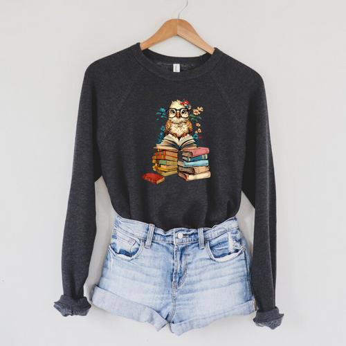 Cute Reading Chicken With Glasses Books Bookworm Reader Raglan Sleeve Sweatshirt - Bookorys CA