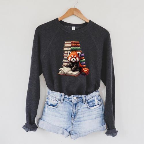 Cute Red Panda Reading Book Animal Bookworm Raglan Sleeve Sweatshirt - Bookorys