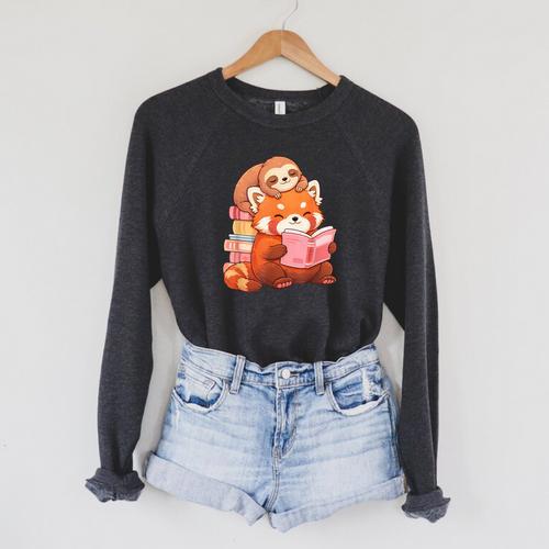 Cute Red Panda Reading Book Sloth Kawaii Animal Raglan Sleeve Sweatshirt - Bookorys