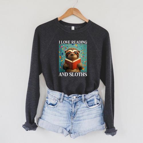Cute Sloth Reading Book School Librarian Teacher Student Raglan Sleeve Sweatshirt - Bookorys CA