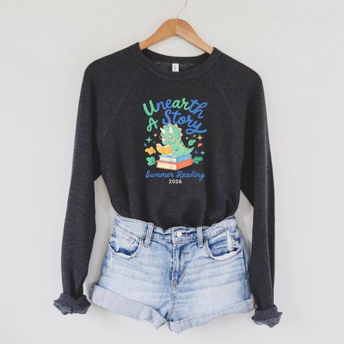 Cute Unearth a Story Triceratops Dinosaur Reading Books Dino Raglan Sleeve Sweatshirt - Bookorys