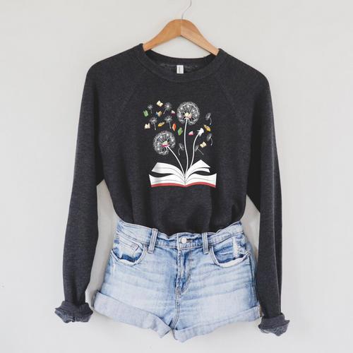 Dandelion Floral Book Reading Lovers Graphics Raglan Sleeve Sweatshirt - Bookorys CA