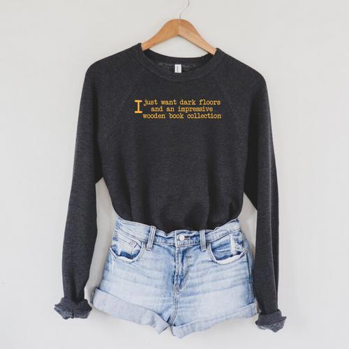 Dark Academia Aesthetic Wooden Book Collection Parchment Raglan Sleeve Sweatshirt - Bookorys