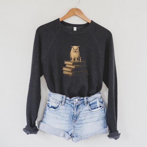 Dark Academia Vintage Owl On Books With Candle Library Raglan Sleeve Sweatshirt - Bookorys
