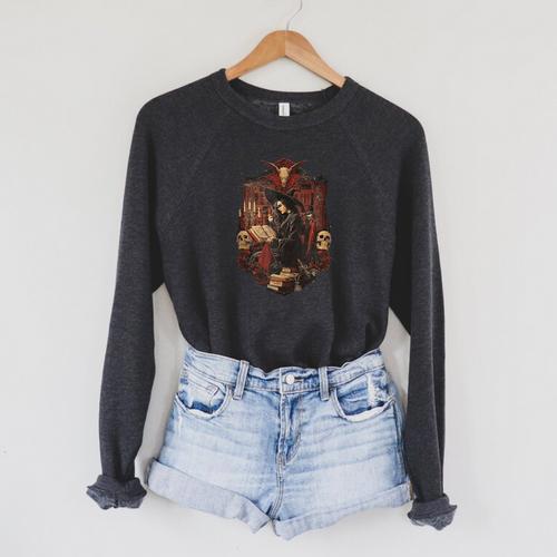 Dark Academia Witch Reading Book Gothic Library Raglan Sleeve Sweatshirt - Bookorys