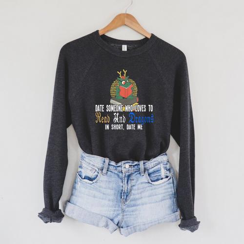 Date Who Loves To Read And Dragons Book Dragon Raglan Sleeve Sweatshirt - Bookorys AU