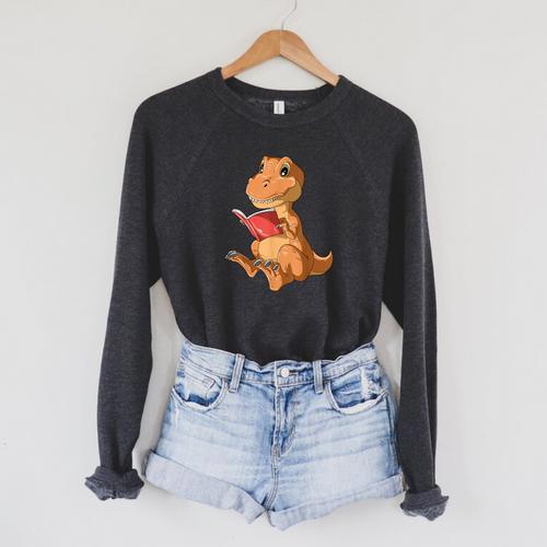 Dinosaur Reading Book Dino Reading Book Lovers Book Readers Raglan Sleeve Sweatshirt - Bookorys UK