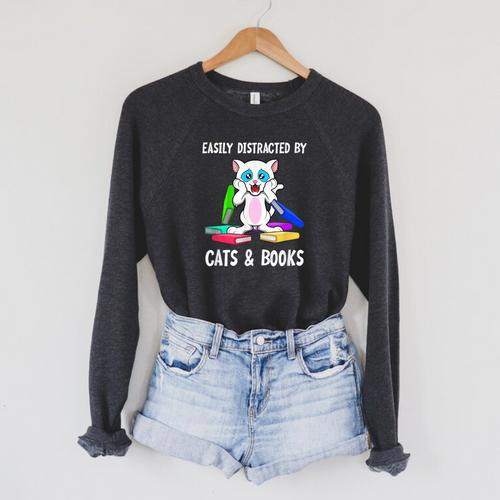 Distracted By Cats Coffee And Books Raglan Sleeve Sweatshirt - Bookorys AU