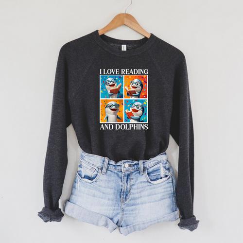 Dolphin Love Reading And Dolphins Child Book Lover Raglan Sleeve Sweatshirt - Bookorys AU