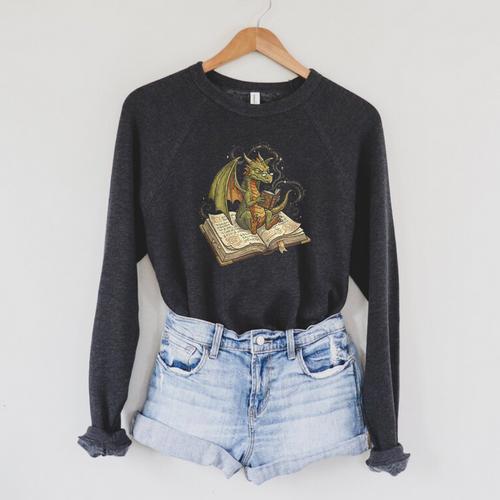 Dragon Bookworm Reading Fantasy Book Graphic Art Raglan Sleeve Sweatshirt - Bookorys AU