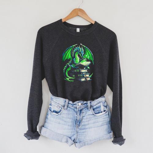 Dragon Reading Books Bookworm Raglan Sleeve Sweatshirt - Bookorys AU