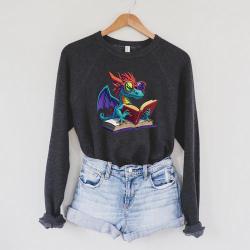 Dragon Wearing Glasses Reading A Book Raglan Sleeve Sweatshirt - Bookorys AU