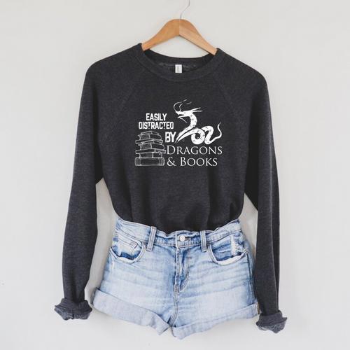 Dragons And Books Dragon Lover Bookish Dragon Bookworm Raglan Sleeve Sweatshirt - Bookorys UK