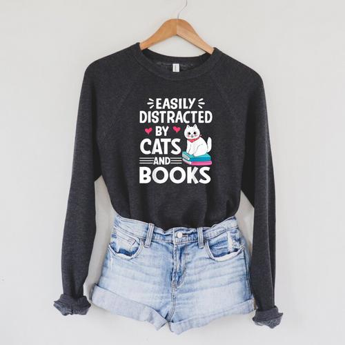 Easily Distracted By Cats And Books Cute Cat And Book Lovers Raglan Sleeve Sweatshirt - Bookorys