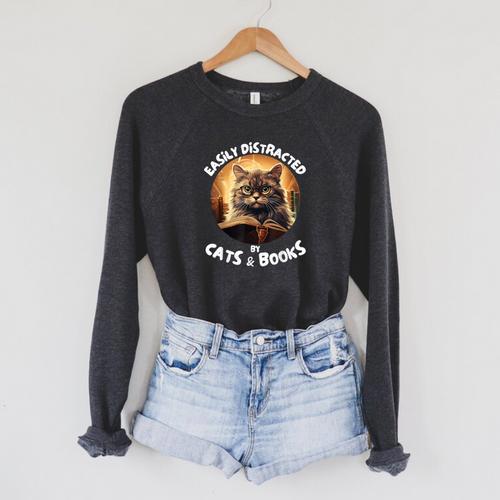 Easily Distracted By Cats And Books Librarians Bibliophiles Raglan Sleeve Sweatshirt - Bookorys