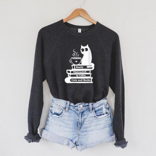 Easily Distracted Cats Coffee And Books Raglan Sleeve Sweatshirt - Bookorys AU