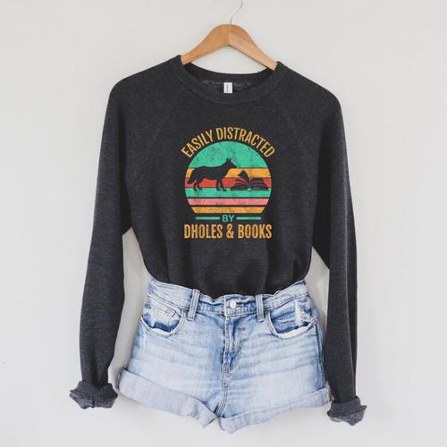 Easily Distracted By Dholes & Books Retro Wild Dogs Lover Raglan Sleeve Sweatshirt - Bookorys CA