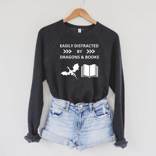 Easily Distracted By Dragon And Books Nerds Raglan Sleeve Sweatshirt - Bookorys