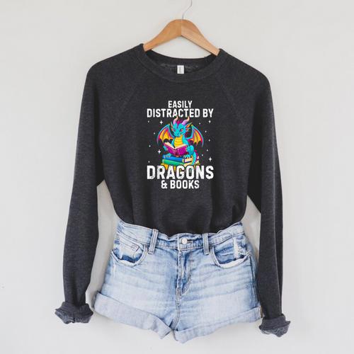 Easily Distracted By Dragons & Books Bookworm Library Raglan Sleeve Sweatshirt - Bookorys AU