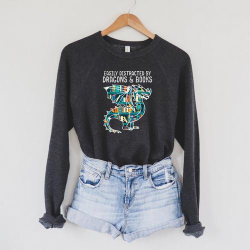 Easily Distracted By Dragons Books Bookworm Raglan Sleeve Sweatshirt - Bookorys AU