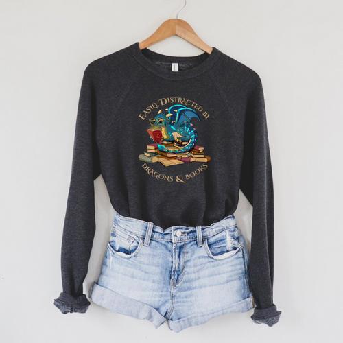 Easily Distracted By Dragons And Books Nerd Dragon Raglan Sleeve Sweatshirt - Bookorys