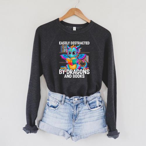 Easily Distracted By Dragons And Books Raglan Sleeve Sweatshirt - Bookorys AU