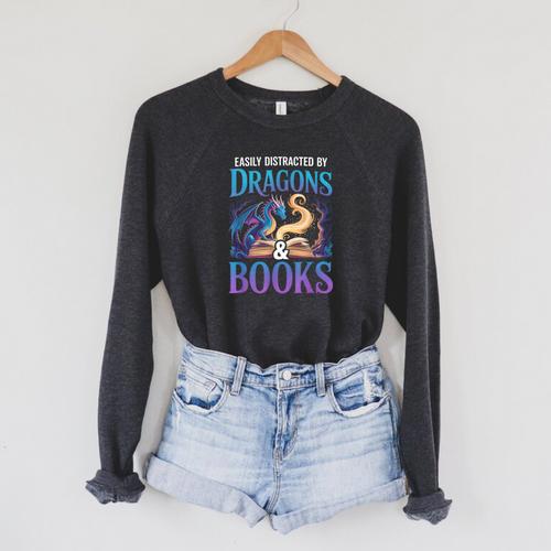 Easily Distracted By Dragons Fantasy Book Reading Raglan Sleeve Sweatshirt - Bookorys CA