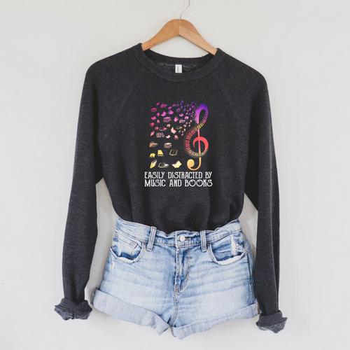 Easily Distracted By Music And Books For Book Lovers Raglan Sleeve Sweatshirt - Bookorys