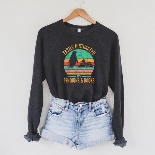 Easily Distracted By Penguins & Books Retro Raglan Sleeve Sweatshirt - Bookorys CA