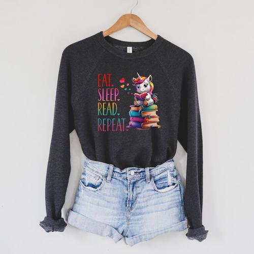 Eat Sleep Read Repeat Unicorn Read Book Reading Lovers Kids Raglan Sleeve Sweatshirt - Bookorys