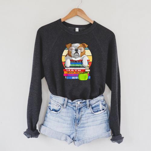 English Bulldog Back To School Book Worm Dog Raglan Sleeve Sweatshirt - Bookorys UK