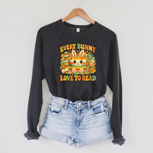 Every Bunny Loving Read Easter Eggs Bunny Book Bookworm Raglan Sleeve Sweatshirt - Bookorys