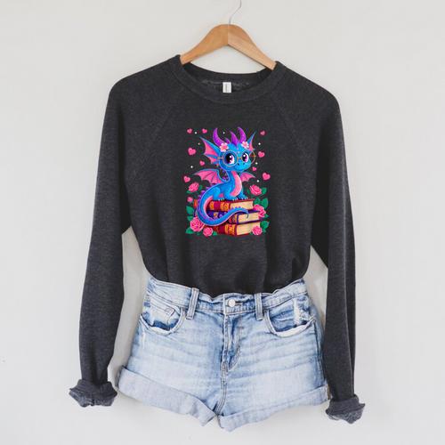 Fantasy Dragon Reading Books Bookworm Raglan Sleeve Sweatshirt - Bookorys