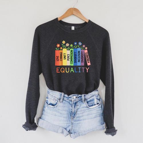 Floral Book Equality Human Rights Social Justice Peace Love Raglan Sleeve Sweatshirt - Bookorys CA