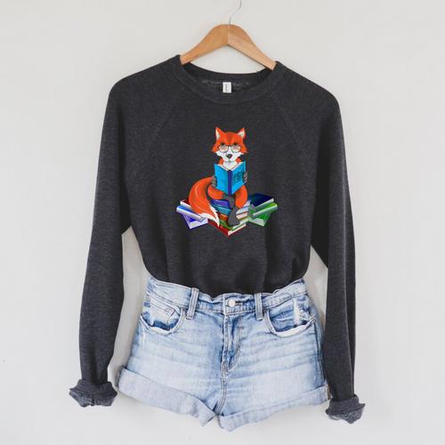 Fox Nerd Reading Books Bookworm Library Book Raglan Sleeve Sweatshirt - Bookorys AU