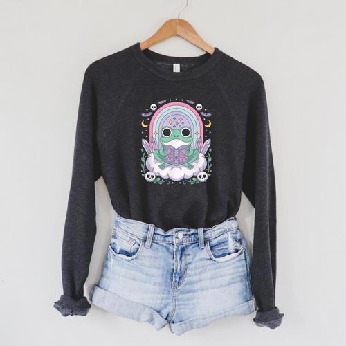 Frog Book Cottagecore Kawaii Gothic Cute Pastel Goth Raglan Sleeve Sweatshirt - Bookorys