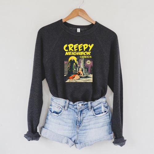 FUNNY Creepy Neighbor Comics Parody Horror Comic Book Raglan Sleeve Sweatshirt - Bookorys