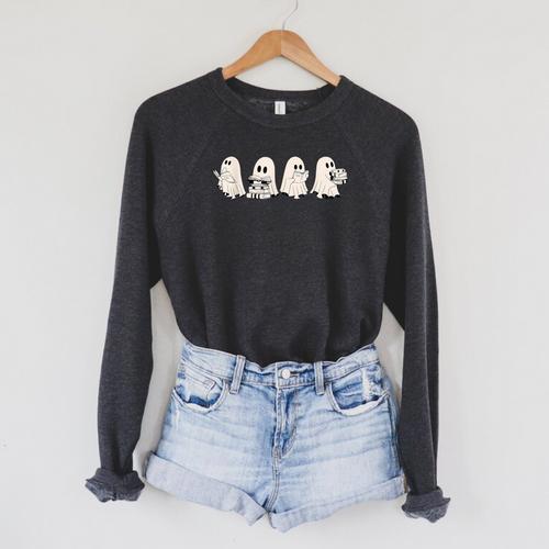 Ghost Book Reading Halloween Books Lover Teacher Kids Raglan Sleeve Sweatshirt - Bookorys
