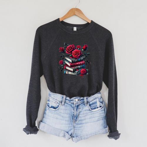 Gothic Books Roses Dark Academia Vintage Library Romance Raglan Sleeve Sweatshirt - Bookorys