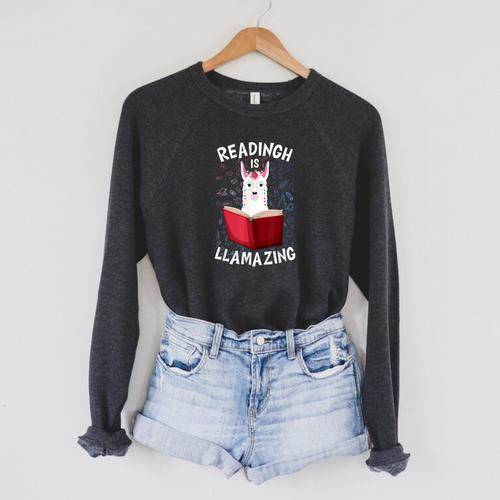 Graduation Cute Animal Llama Reading Book Nerds Bookworm Raglan Sleeve Sweatshirt - Bookorys