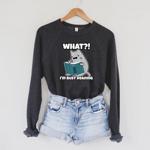 Grey Cat Reading Book Busy Doing Book Related Things Men Women Kids Raglan Sleeve Sweatshirt - Bookorys CA