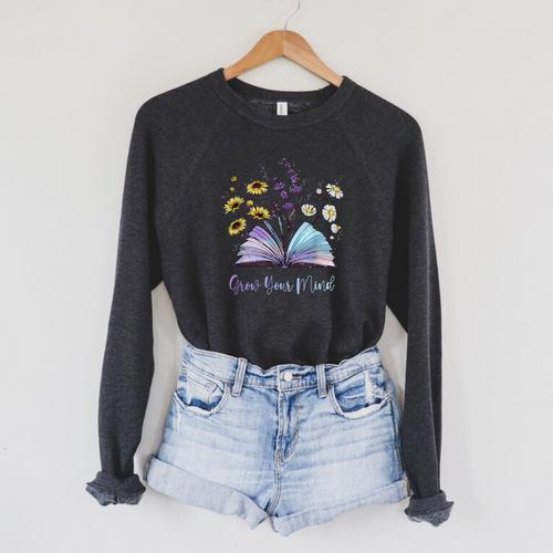 Grow Your Mind Wildflower Book Floral Motivation Raglan Sleeve Sweatshirt - Bookorys