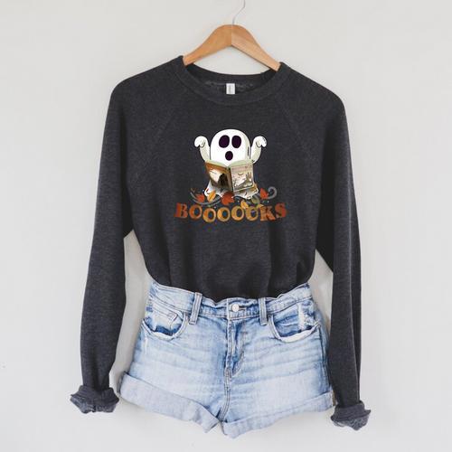 Halloween Books Cute Ghost Reading Library Boooooks Autumn Raglan Sleeve Sweatshirt - Bookorys AU