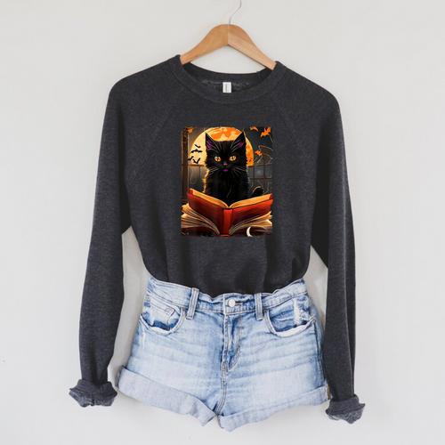 Halloween Cat Reading Books Spooky Cat Reader Teachers For Men Women Kids Raglan Sleeve Sweatshirt - Bookorys